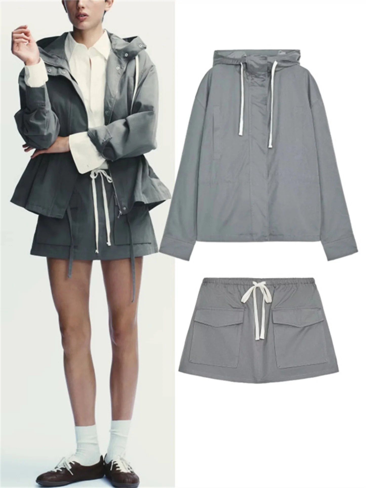 

Casual Style Hooded Jacket Women's Workwear Waist Length Skirt Pants Two-Piece Set Drawstring Design Long Sleeve round Neck