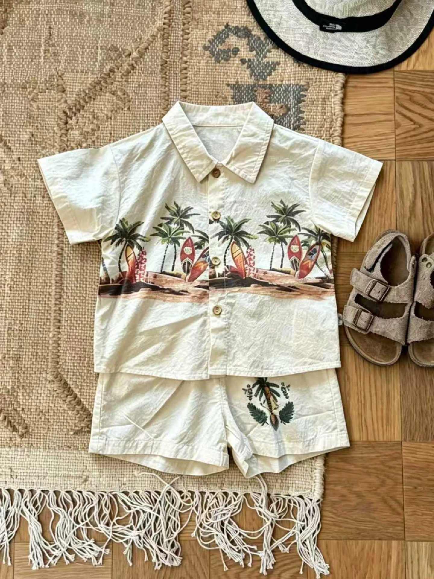 boys-summer-casual-holiday-outfit-two-piece-set-lightweight-breathable-comfortable-children's-clothing-polka-dot-single-button