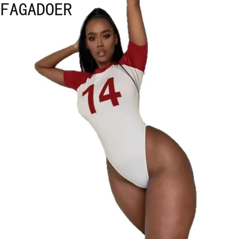 FAGADOER Fashion Letter Print Bodycon Rompers Women Short Sleeve O Neck Patchwork Bodysuits Jumpsuits Female Streetwear Overalls