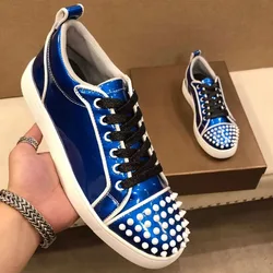 italian brand designer men fashion rivets shoes blue patent leather flat shoe platform studded sneakers stage nightclub footwear