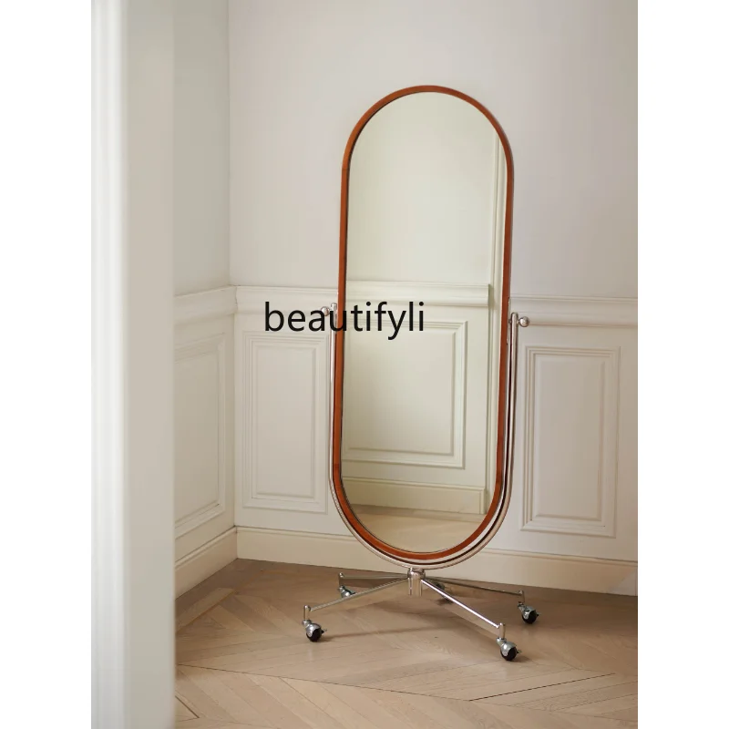 

Long Moon Floor Mirror Household Solid Wood Full-Length Mirror Dressing Mirror Bedroom Modern Minimalist Movable