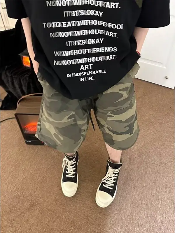 

American Retro Camouflage Logging Work orts Men Summer High Street Vibe Rivet Design Loose Five-Quarter Pants Casual Wear