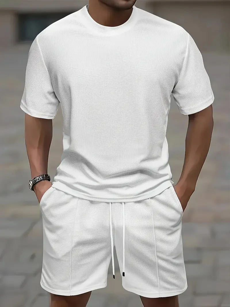 Men Waffle Textured 2 Piece Tracksuit O-Neck Short Sleeve Tee Elastic Waist Shorts Summer Casual Sports Outfit