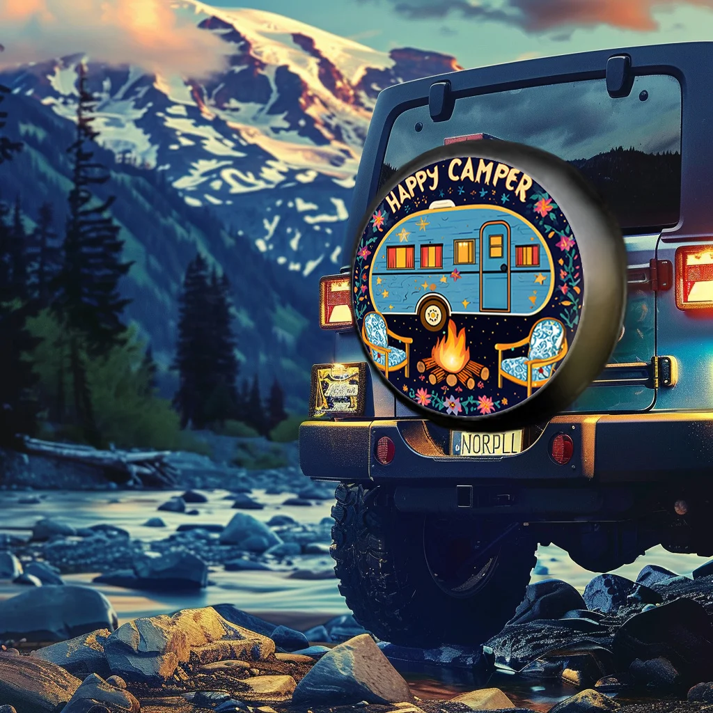 

Винтажный чехол на шину Camper Van с дизайном Happy Camper — ретро-прицеп и графика для костра, прочная защита от атмосферных воздействий