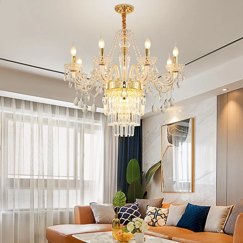 French Romantic Gold Luxury Villa Crystal Led Chandelier Nordic Elegant Clear Color 6-Head Crystal Bedroom Hall E14 Pendent Lamp