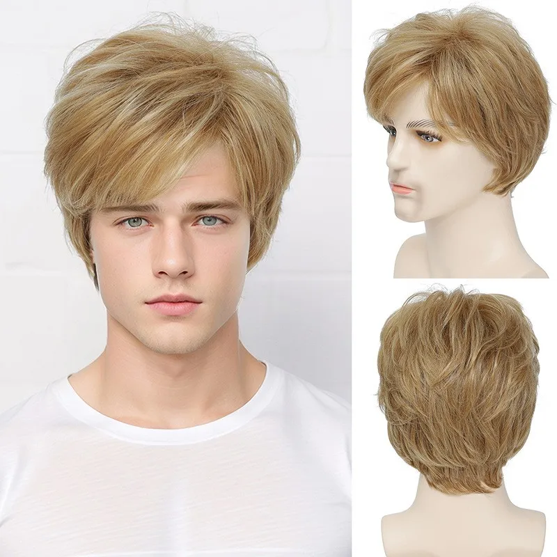 

Men's Wig Curly Hair Full Wig Dark Golden Men's Synthetic Wig+Wig Cap