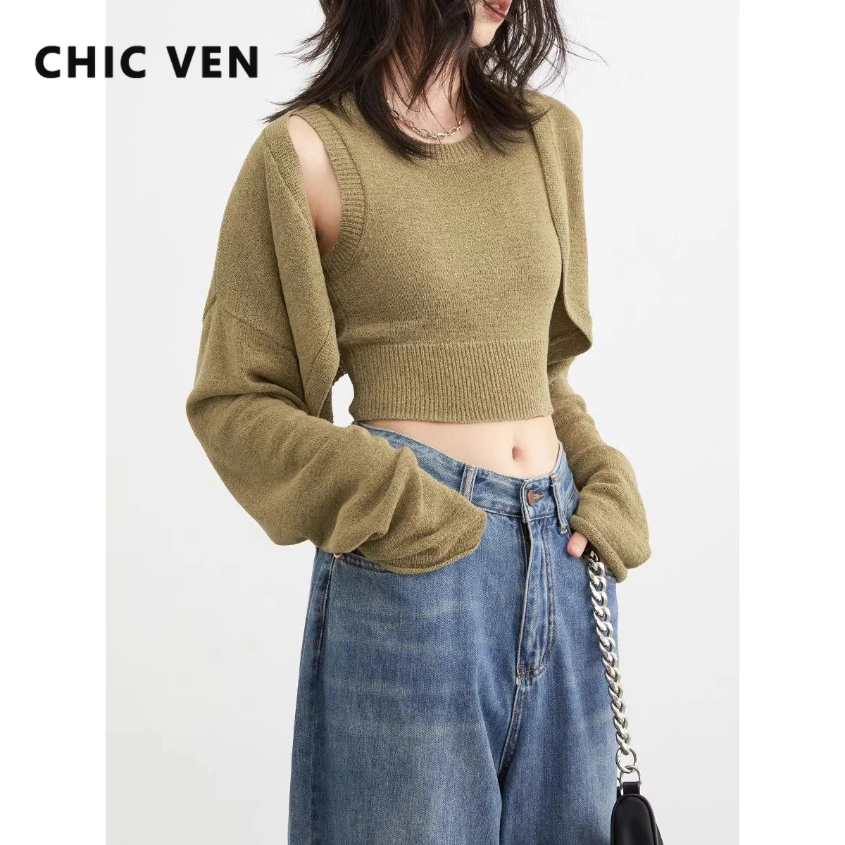 CHIC VEN Women\'s Sweaters New Long Sleeved Cover Up O Neck Knitted Sleeveless Tank Female Top Woman Pullovers Spring Autumn 2023