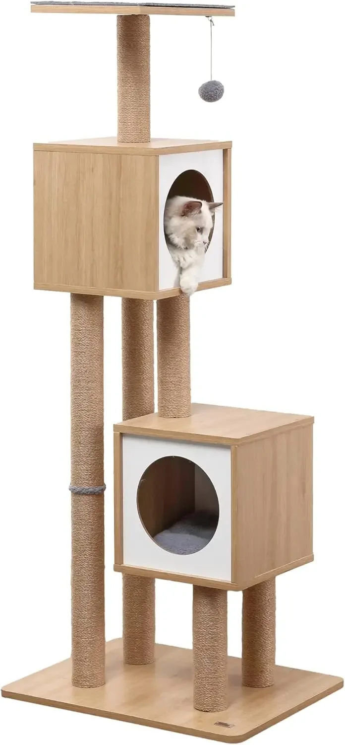 

56" 3-Tier Minimalist Jute Cat Tree Condo With Scratching Posts, And Fuzzy Toy, Brown/White|