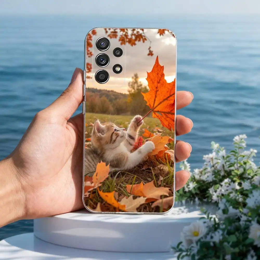 كسول القط في الخريف يترك الهاتف لسامسونج A30,71,51,S20,10,9,Ultra,FE,Lite, S21,23,22,PIus,شفاف,حافظة سيليكون