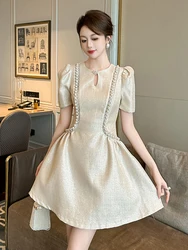 Sweet Elegant Luxury Pearl O-Neck A-Line Short Dress Women Clothes Glitter Retro Puff Sleeve Slim Party Birthday Vestidos Fiesta