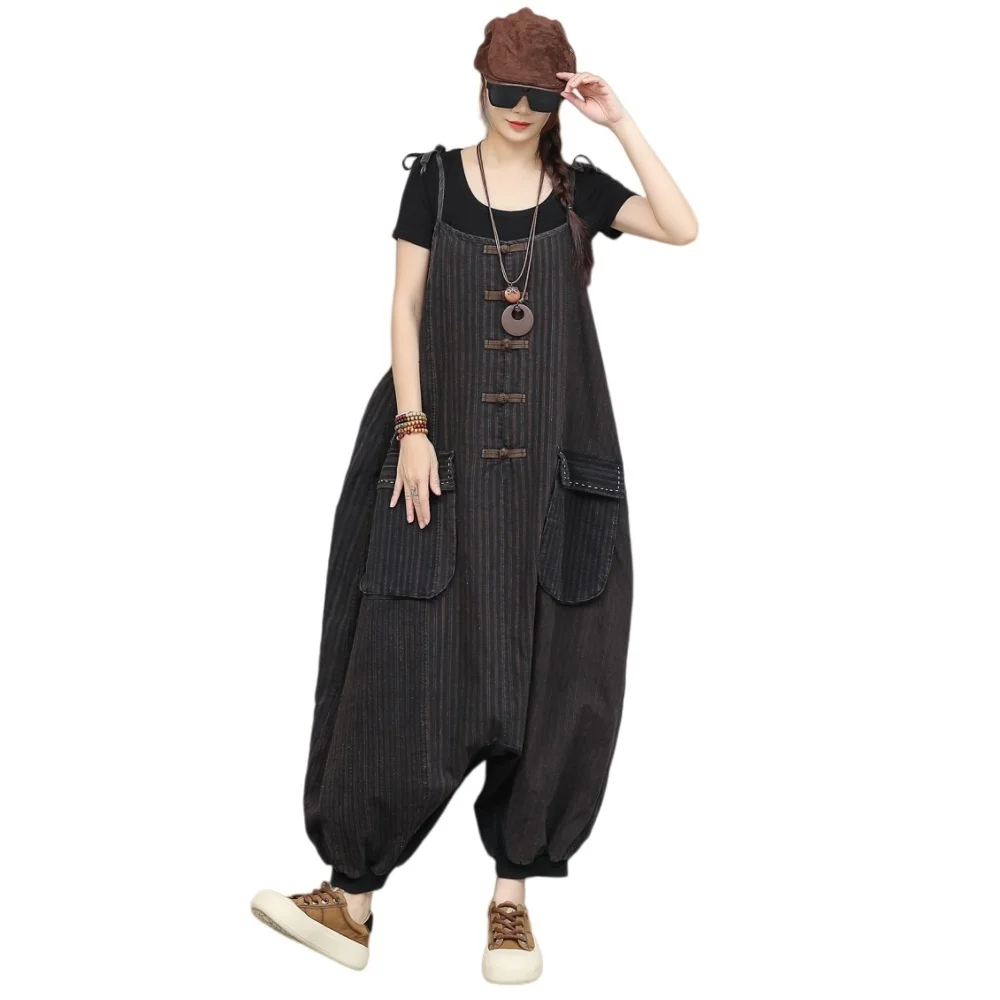 Vintage-style Simple Old Fabric Overalls Women 2026 Summer New Loose Large Pockets Suspender Jumpsuit LX5770 - Image 5
