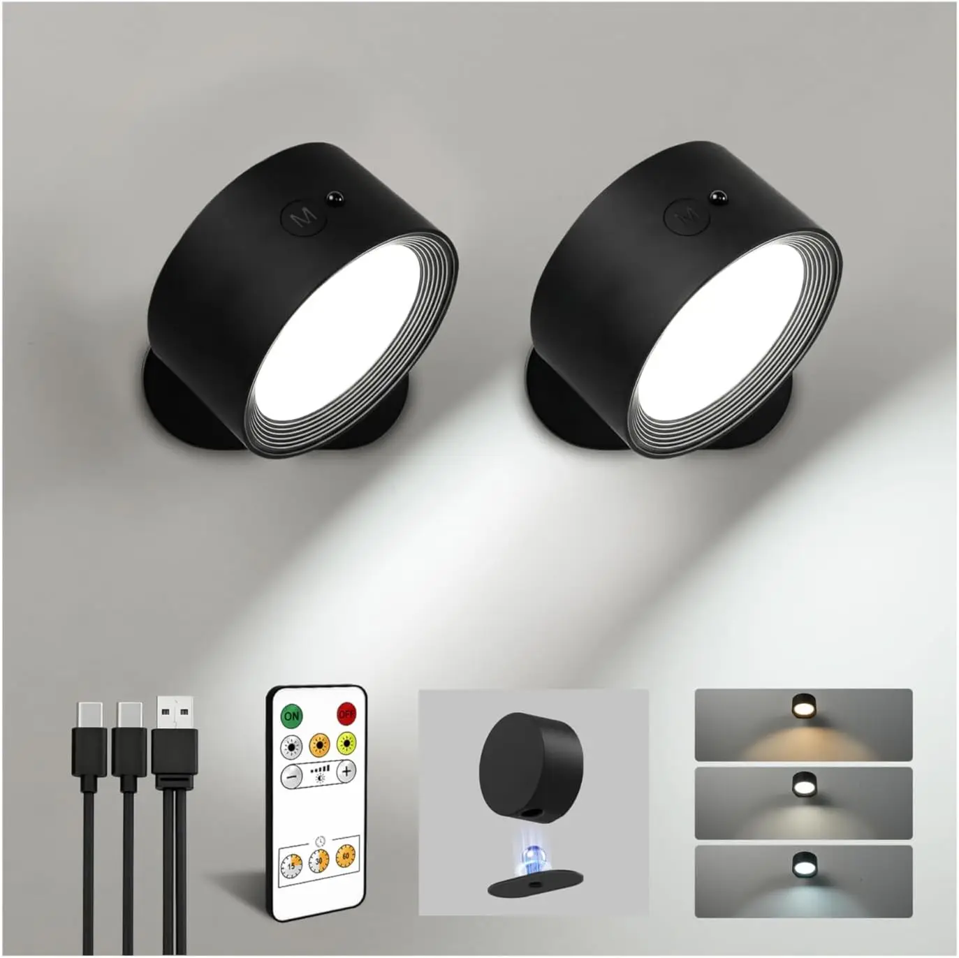 

Rechargeable LED Wall Sconces, 3 Color Temps, Remote & Touch, 360° Rotation, Dimmable, 2 Pack