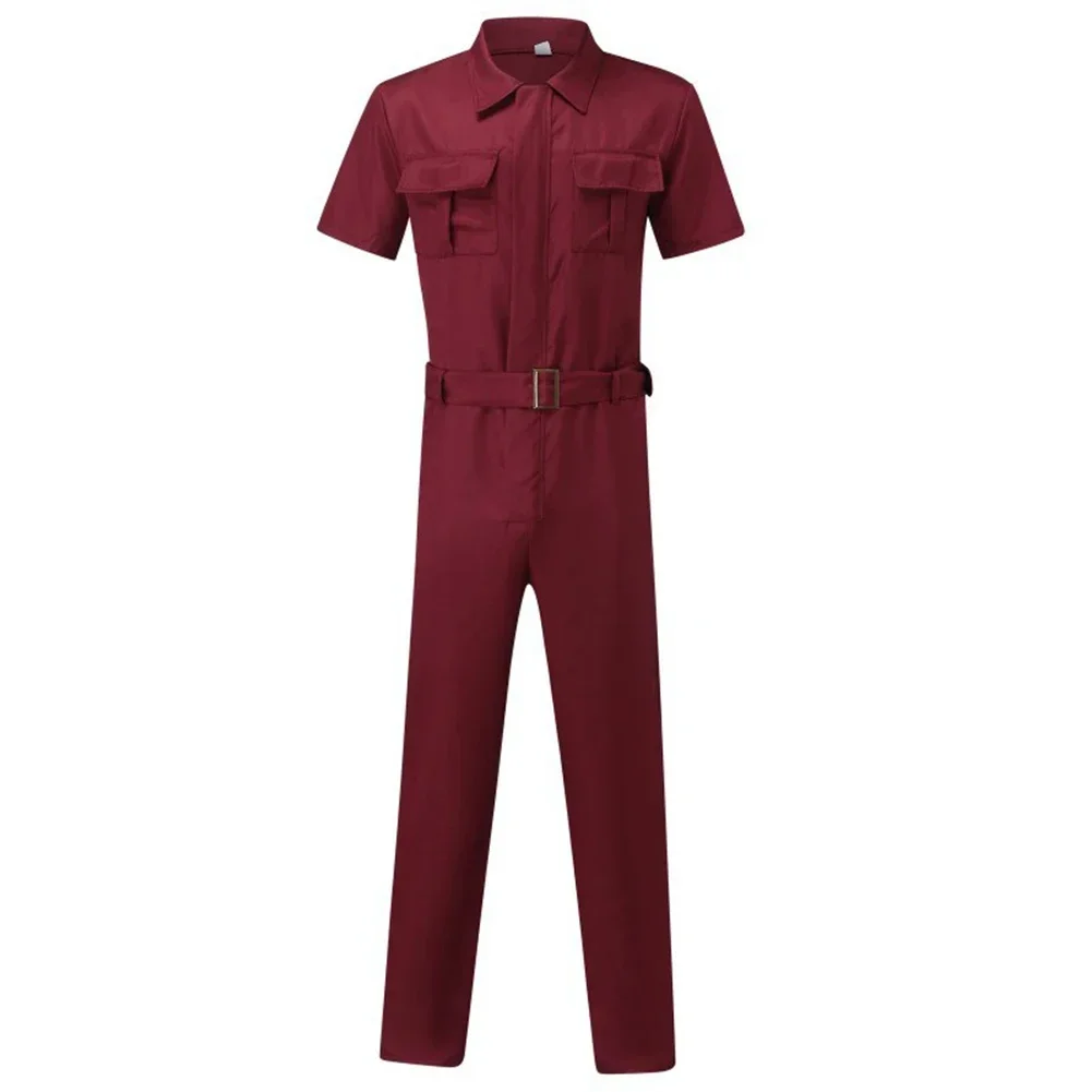 Men's Light Weight Cargo Coveralls Jumpsuit Zip Up Long Sleeve Solid Color Workwear Pants With Waist Belt Men Rompers