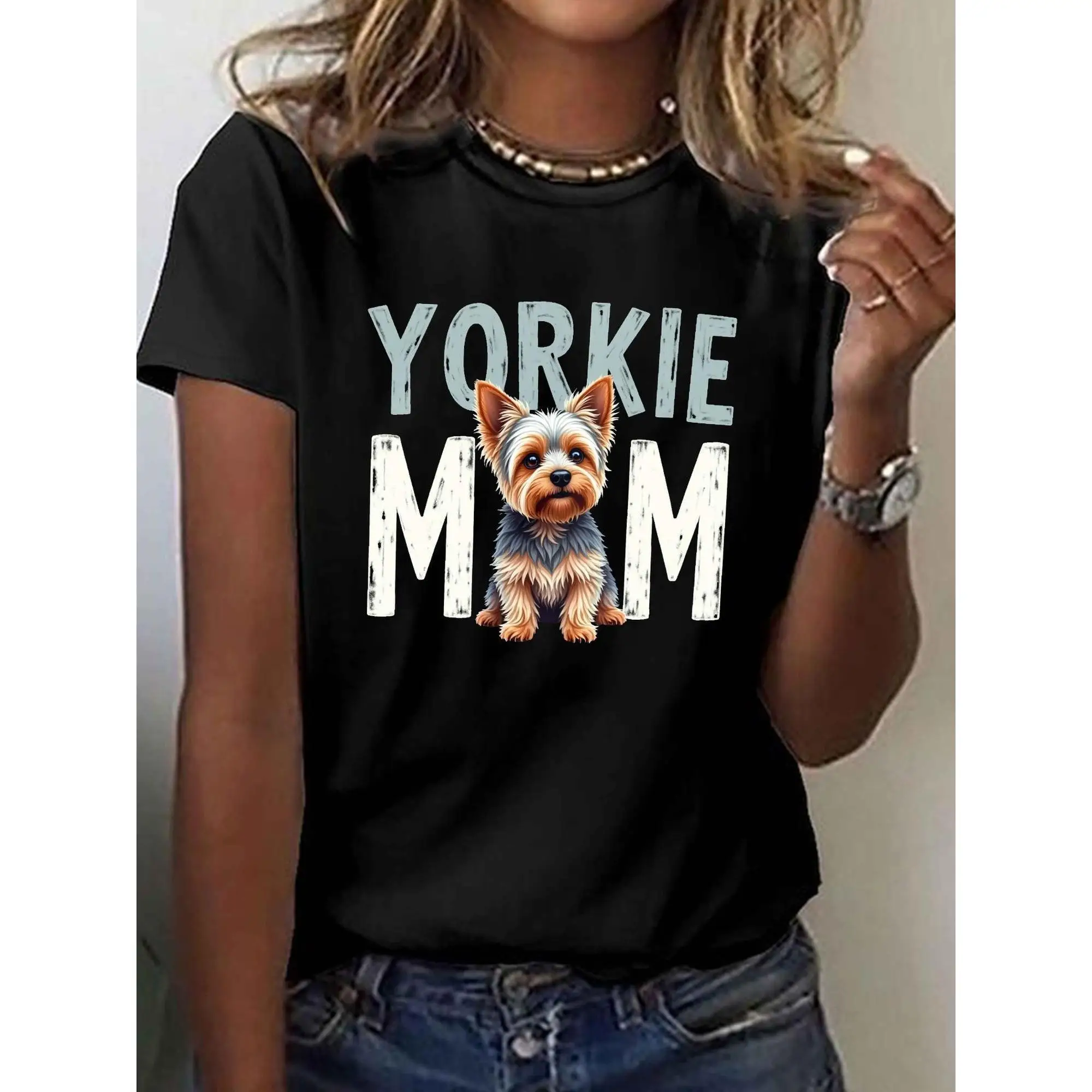 

Yorkie Mom" Graphic Tee for Women - Casual Green Crew Neck Short Sleeve Top, Stretchy Cotton, Machine Washable, Perfect for Spri