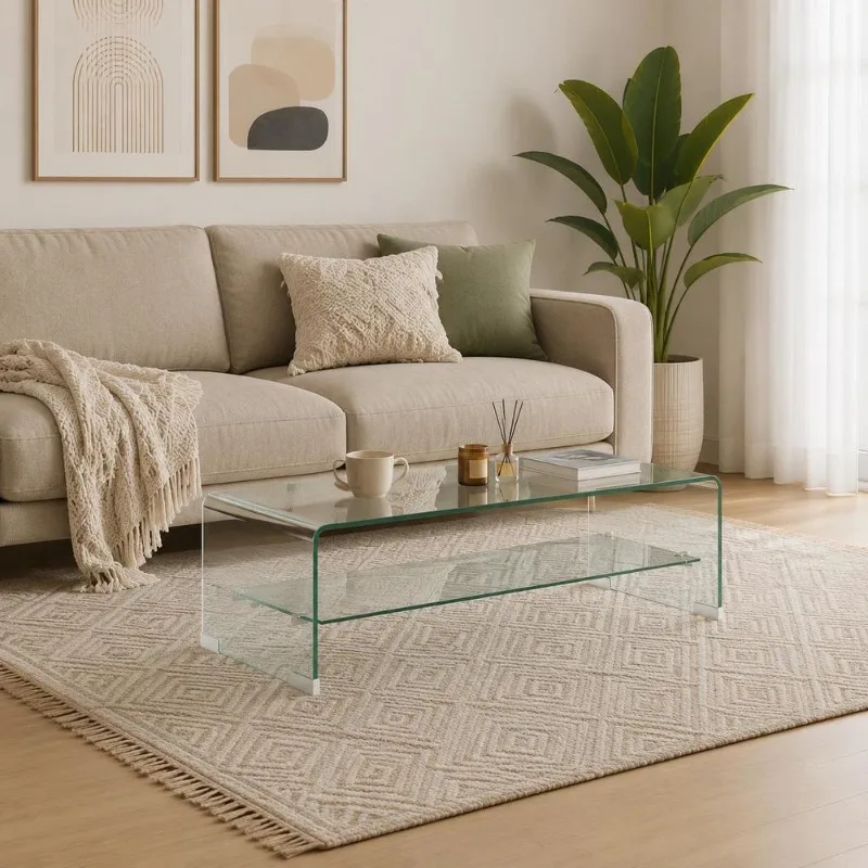 Table basse en verre trempé de sécurité 98 x 45 x 31 cm avec étagère intégrée, style minimaliste contemporain, structure solide et durable pour salon, appartement, studio, rangement pratique pour livres et maison