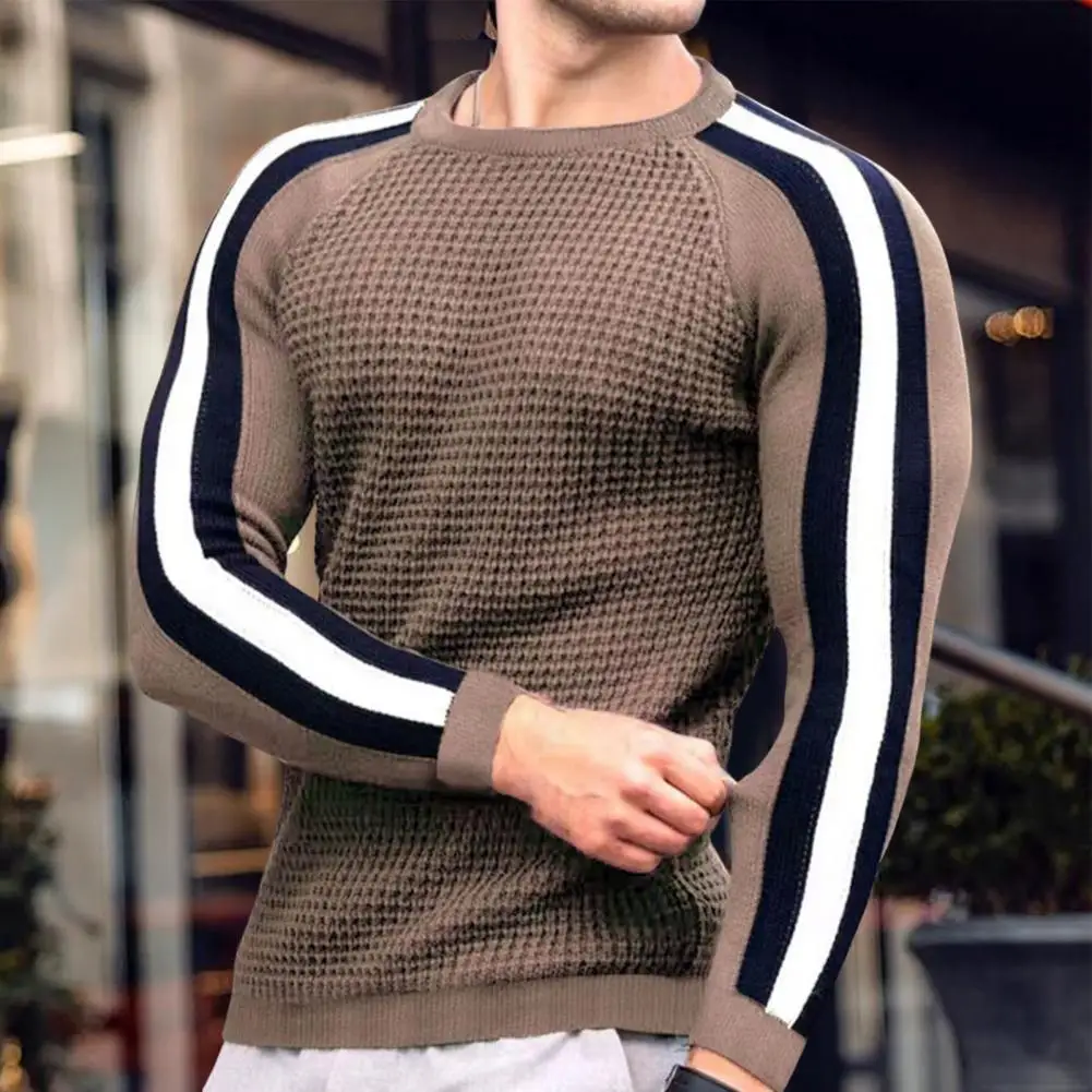 Men\'s Autumn Winter New Waffle Print Pullover Bottoming Shirt Male Color-blocking High-quality Casual Knitted Sweater