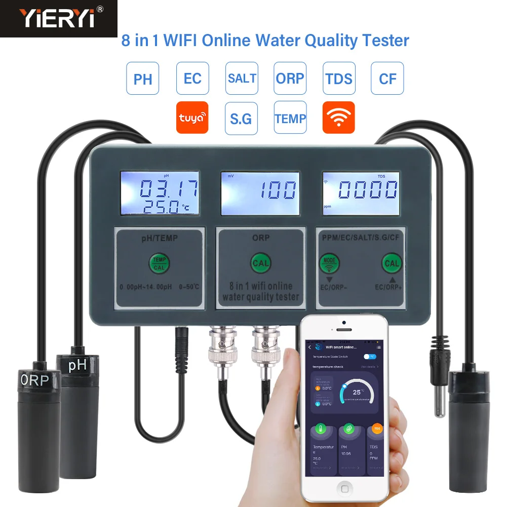 Wifi Tuya Inteligente Medidor de ph Registador de Dados Temp Tds Salinidade s. g. Analisador do Monitor do Verificador da Água do ce Orp para Aquários Hidroponia da Piscina