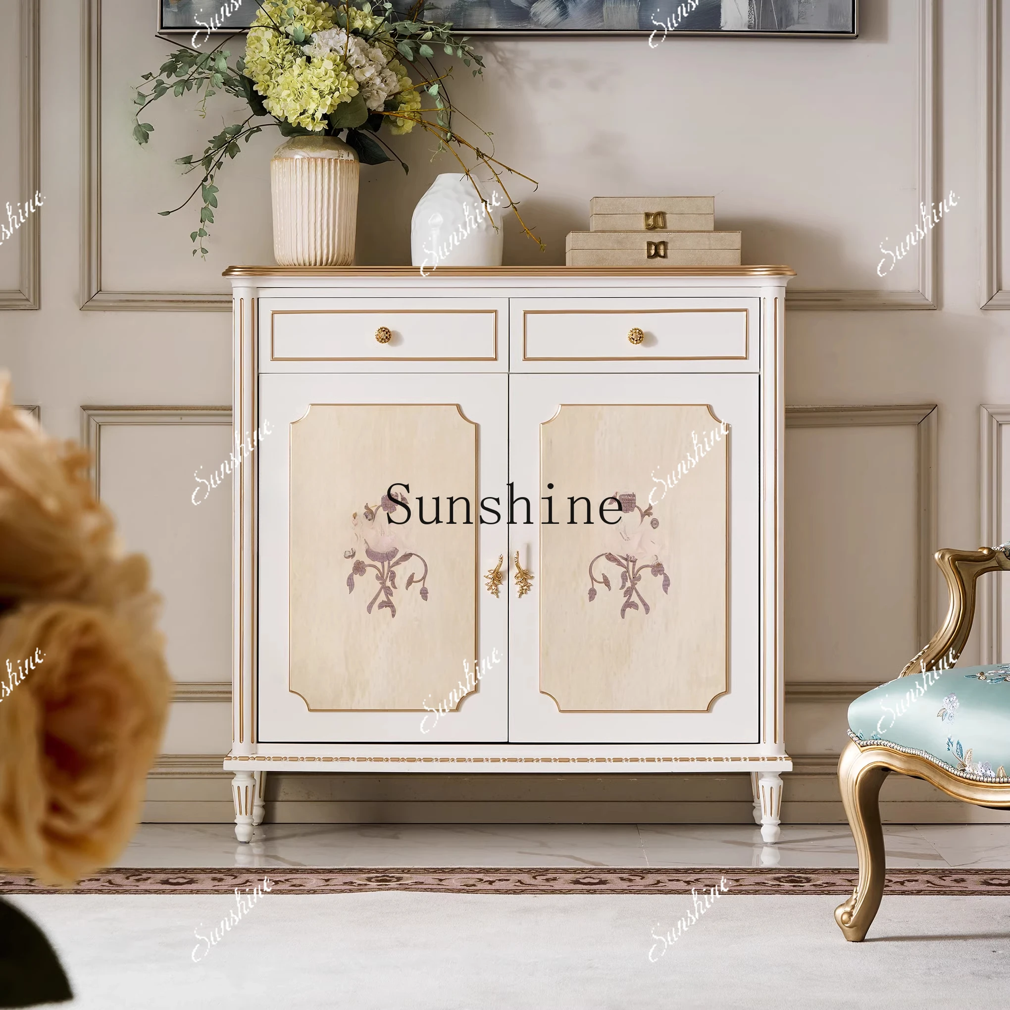 High-end custom villa furniture European retro solid wood hand-painted entrance cabinet E1 FT