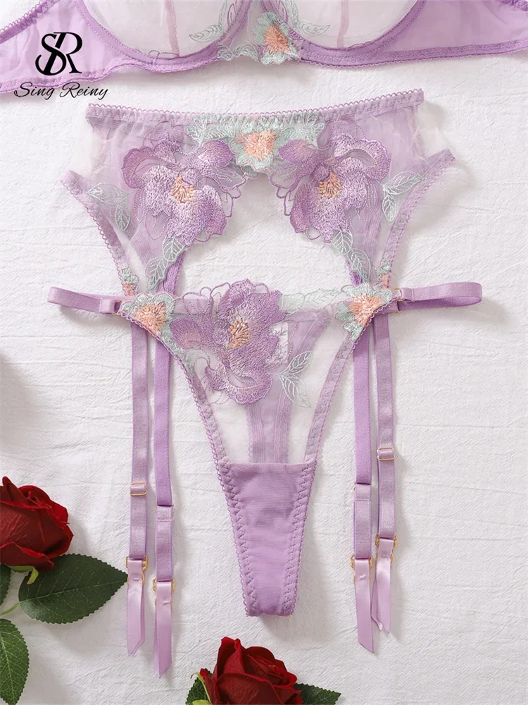 SINGREINY Set di lingerie sessuale floreale porno femminile Set di biancheria intima sexy trasparente con ricamo da donna