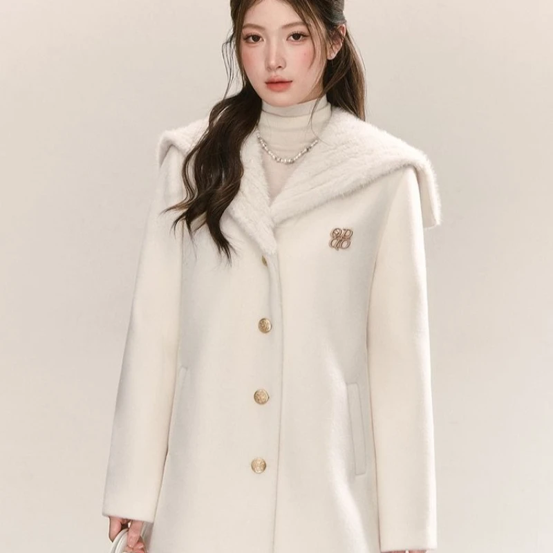 Navy Neck Apricot Fur Coat 2026 Autumn New Fashionable Warm A-line Lace Up Waist Collection Medium Long Sweet Jacket for Women
