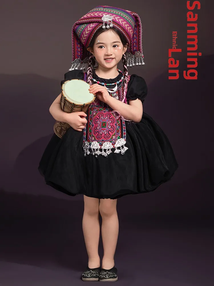 

Новинка 2026: Детская одежда для девочек в этническом стиле Чжуан (Гуанси Саньюэ Санминь), костюм для выступлений, полиэстер