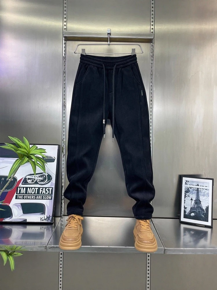 

Autumn Winter Casual Luxury Men's Elastic Waist Drawstring Fleece Lined Thick Warm Straight Leg Pants Straight Tube Trousers