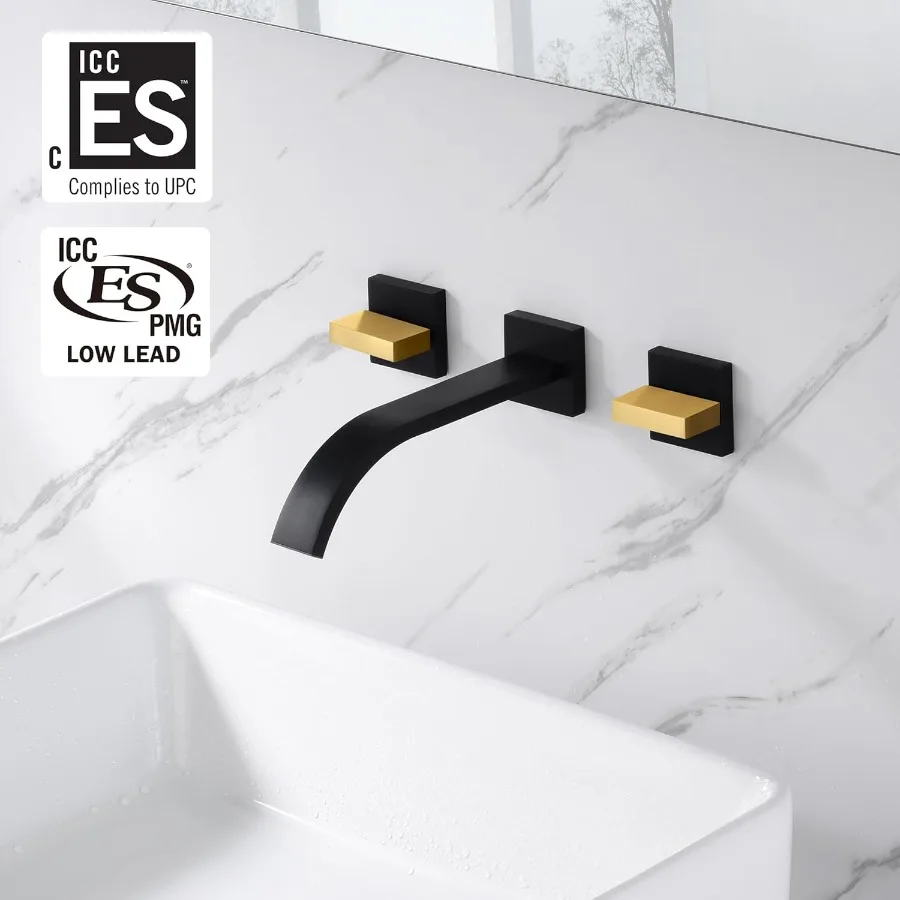 Torneira de parede para pia de banheiro com acabamento preto e dourado com duas alças e válvula robusta para lavatório moderno