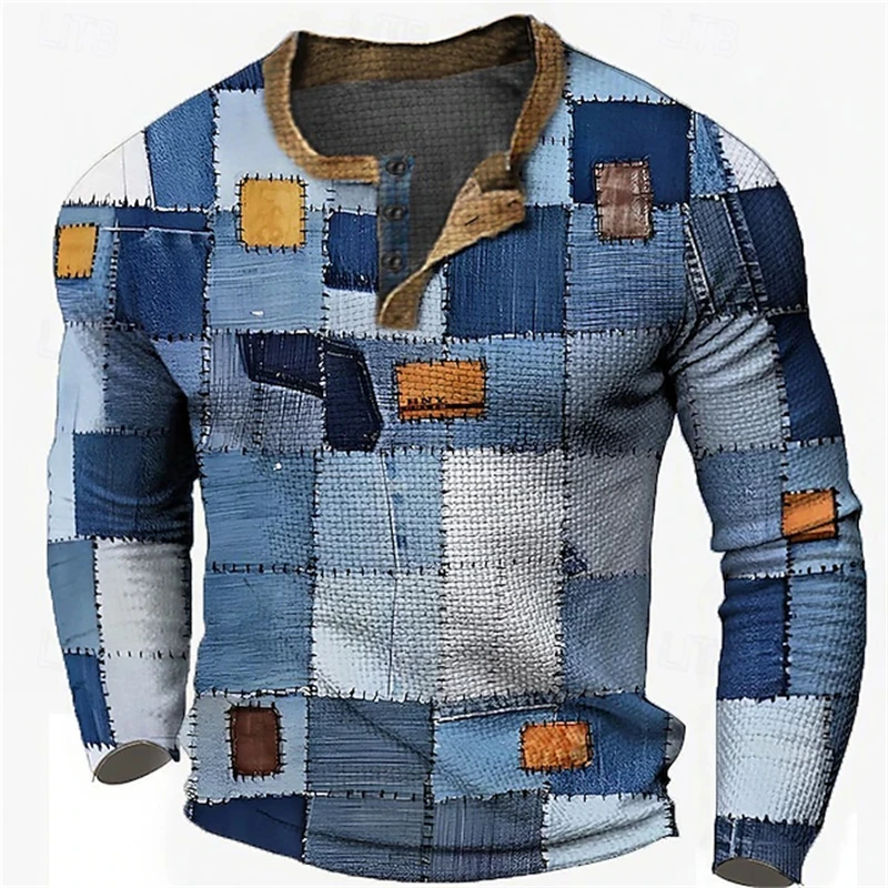 Fall Men's Long-Sleeve Henley T-Shirt Patchwork 3D Print Button-Down V-Neck Casual Loose-Fit Men's Streetwear Pullover