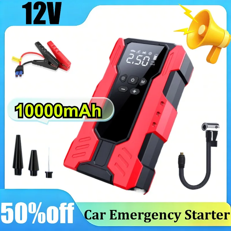

12V 1800A 10000mAh Car Jump Starter with Air Compressor, Portable Power Bank Charger, Emergency Battery Booster