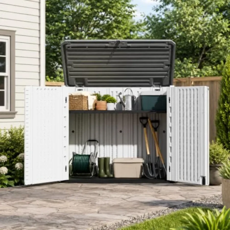 Outdoor Storage Cabinet, Horizontal Resin Storage Shed Weatherproof, Gray, Lockable for Garden and Patio Use