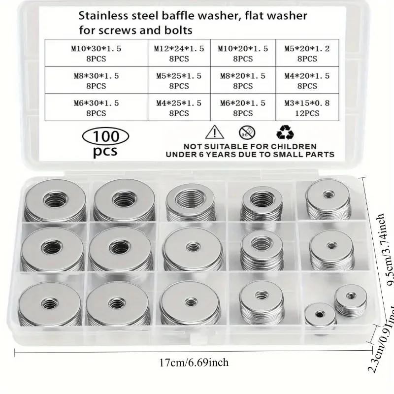 1 PC Stainless Steel Fender Washers Flat Washers for Screws and Bolts 100pcs Metal Washers Kit (12 Sizes M3-M12) Assorted Large
