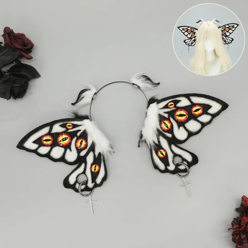Women Girls Fantasy Evil Eye Headdress Plush Moth Ears Hairband Furry Lolita Headband Anime for Halloween Cosplay Accessories