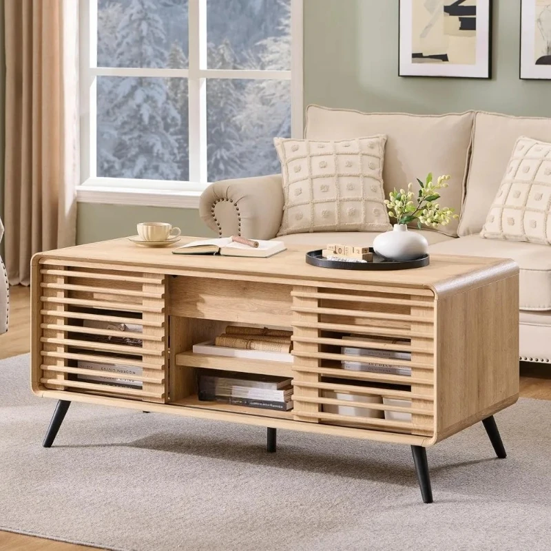 

48 Lift top Coffee Table, mid Century Modern Coffee Table with Slatted Sliding Door, Hidden Storage Compartment, 4 Stor