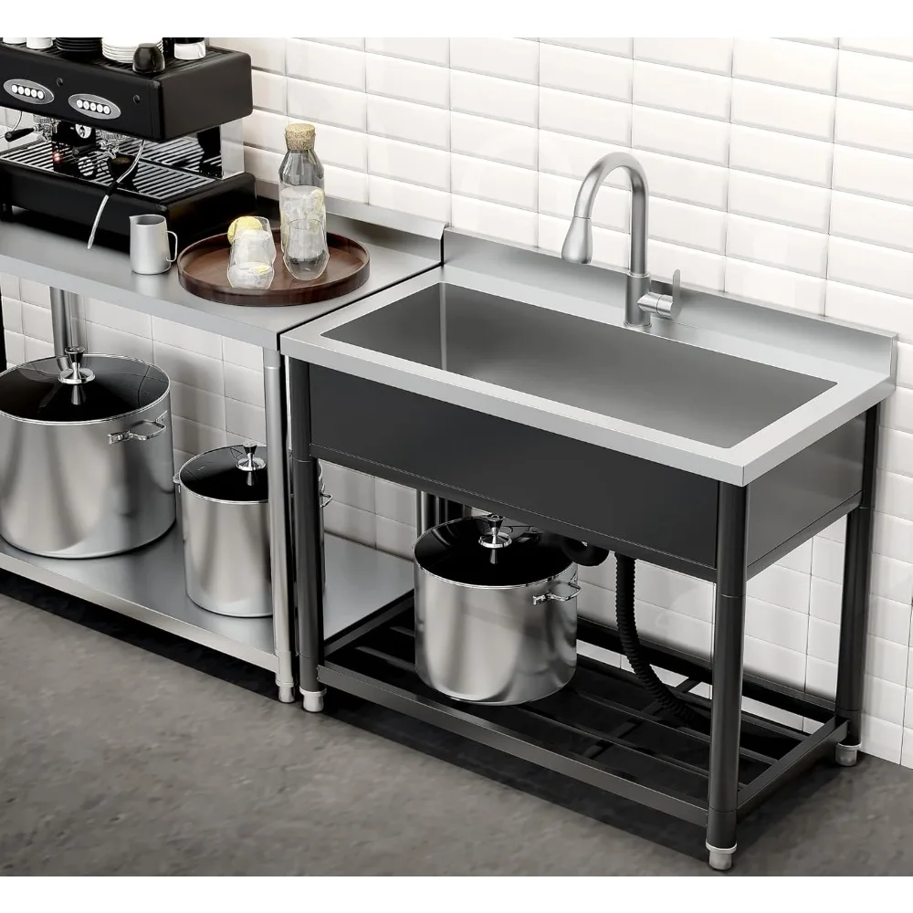 Stainless Steel Large Utility Sink Single Bowl Freestanding Laundry Sink with Pull-Out Faucet,Utility Sink  Laundry Room Garage