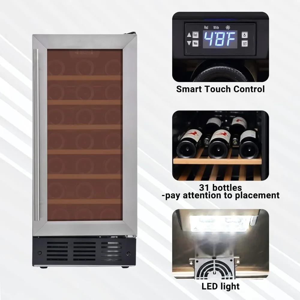 Refrigerador de vinho com LED e baixo ruído, refrigerador de vinho, 33 garrafas, 3,5 pés quadrados, 39,2 ° F a 64,4 ghz