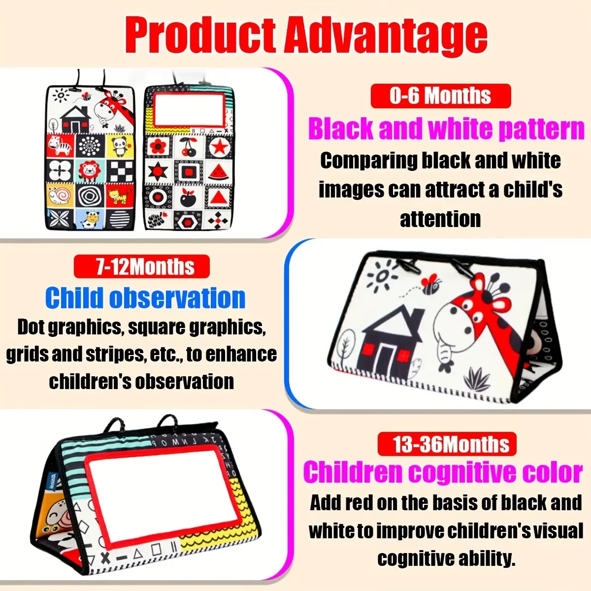 لعبة مرآة لحديثي الولادة باللونين الأبيض والأسود، وقت البطن للأطفال، لعبة نشاط الزحف الحسي عالية التباين #2