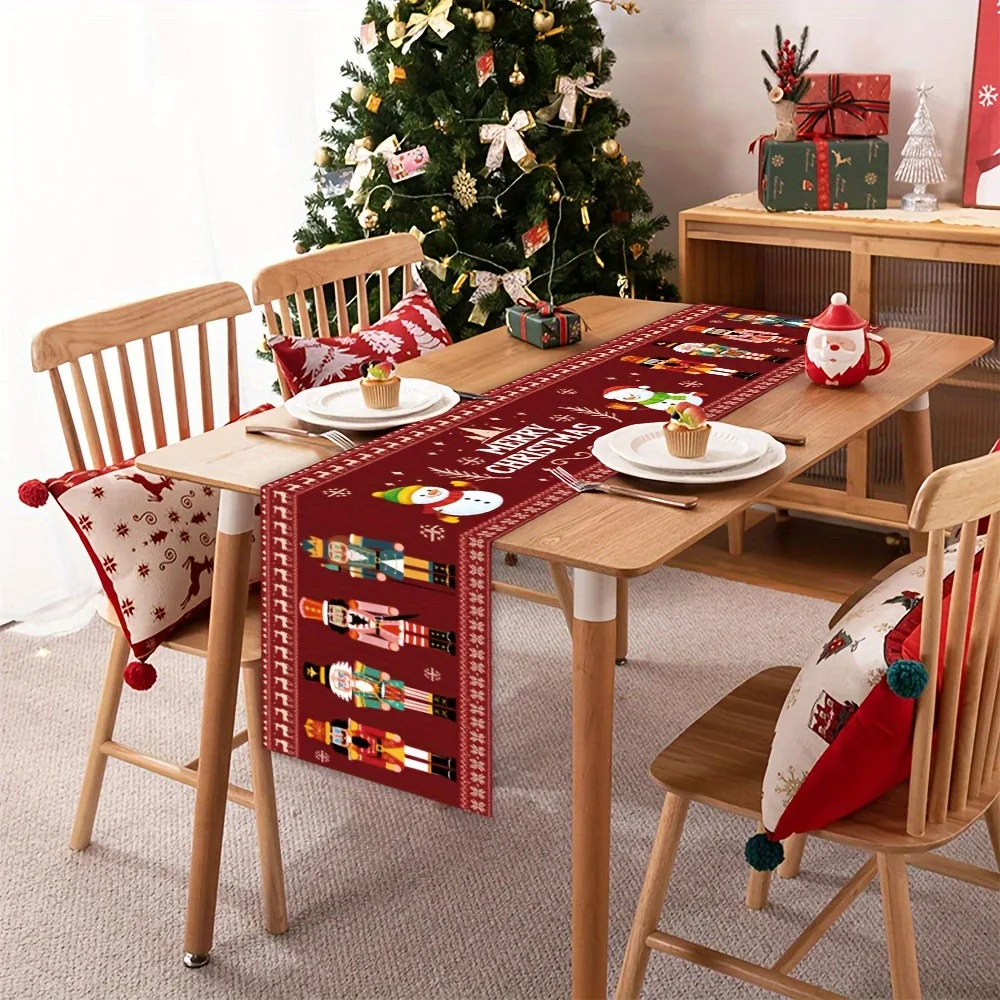 Christmas Table Runner, Red Background Nutcracker Soldier Snowman Print, Winter Holiday Dining Table Decor