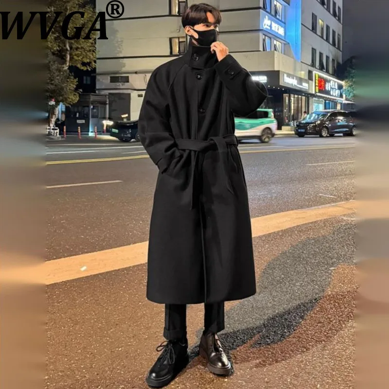 

WVGA Autumn Winter New Men Tide Over-the-Knee Wool Jacket Niche Chic Casual Mid-Length Thickened Warm Trench Coat Ins Y2K W15570