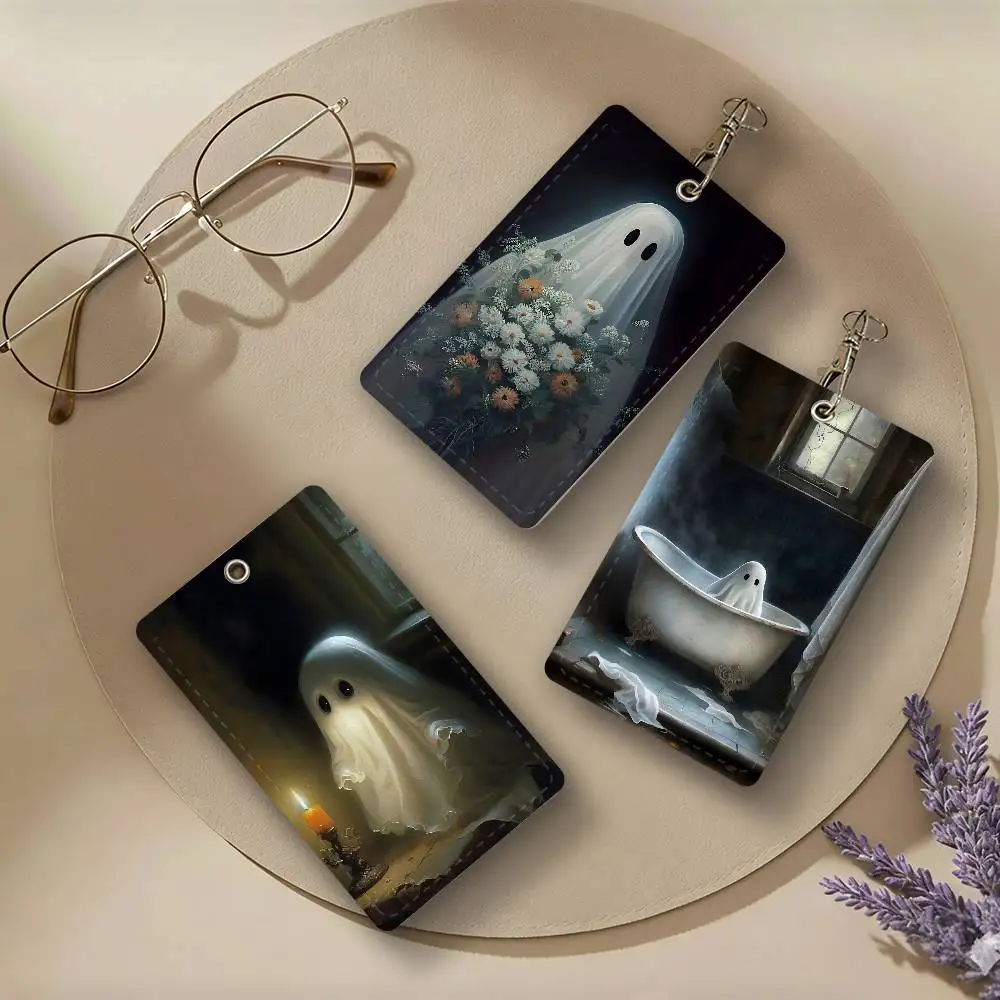 Haunted Gothic Halloween Ghost PU Leather Card Holders Anti-lost Student ID Protective Cover Cases Campus Access Cards Key Chain