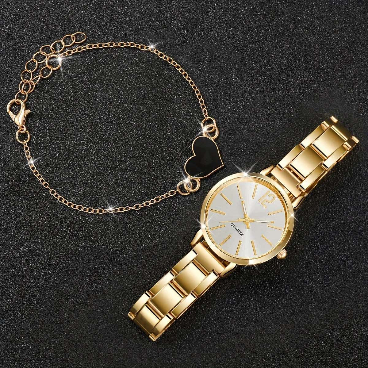 2pcs Business Fashion Quartz Watch Elegant Golden Wrist Watch & Heart Charm Bracelet Set R Gifts For Eid