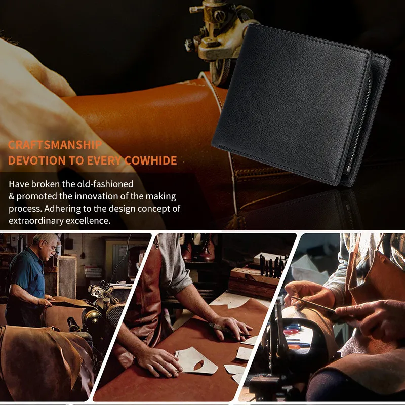 YATBEST Men double fold wallet RFID anti-theft brush retro solid color with zipper change bag large capacity credit card holder