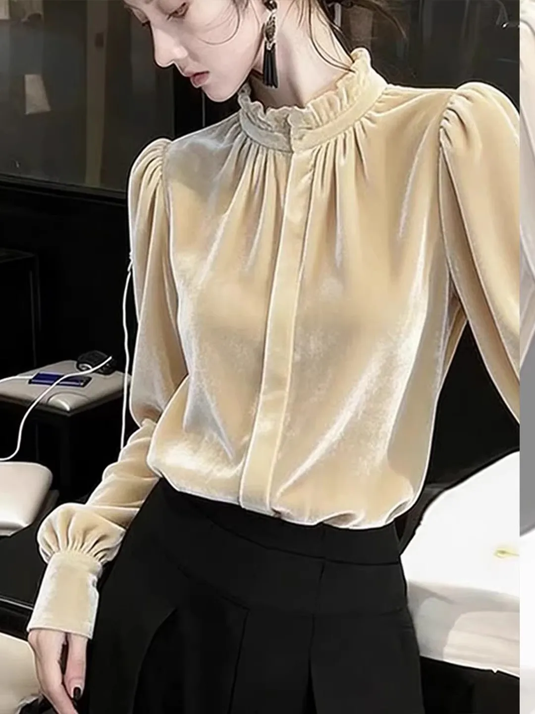 

Женская повседневная блузка из вельвета с воротником-стойкой, длинным рукавом, свободного кроя, модный топ для весны и осени, новинка в корейском стиле