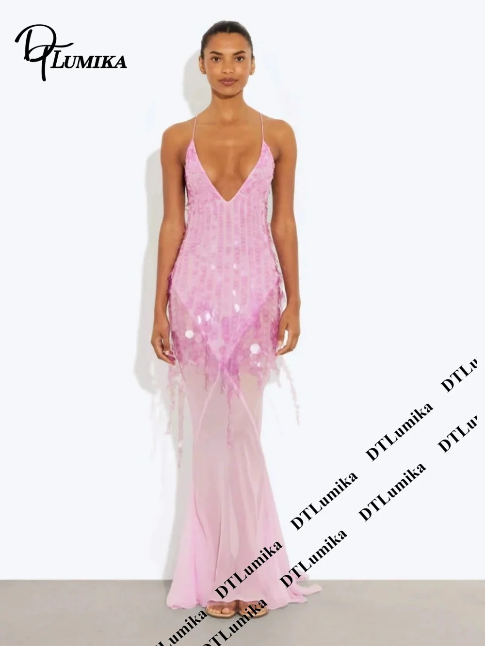 DTLumika Pale Yellow Sequin Slip Maxi Party Dress Beach Holiday Dresses for Women Spaghetti Straps Long Sheath Vacation Gowns view 6