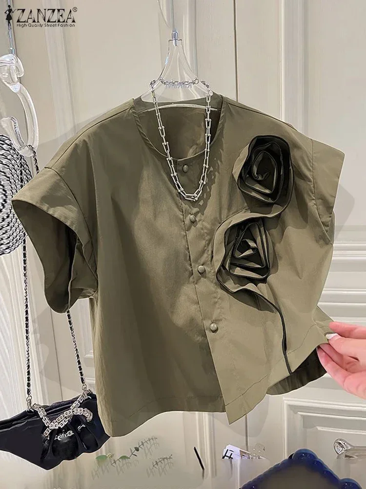 ZANZEA 2025 بلوزات الصيف النساء ثلاثية الأبعاد الزهور قمصان قصيرة الأكمام Blusas شيك الجولة الرقبة قمصان عادية فضفاض Colorblock القمم