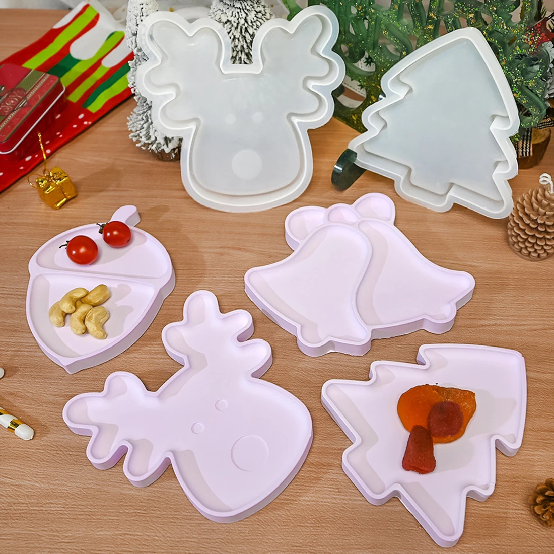 Christmas Elk Tray Silicone Mold Cute Deer Head Nut Storage Tray Cement Mold Home Decoration DIY Terrazzo Plate Clay Mold 