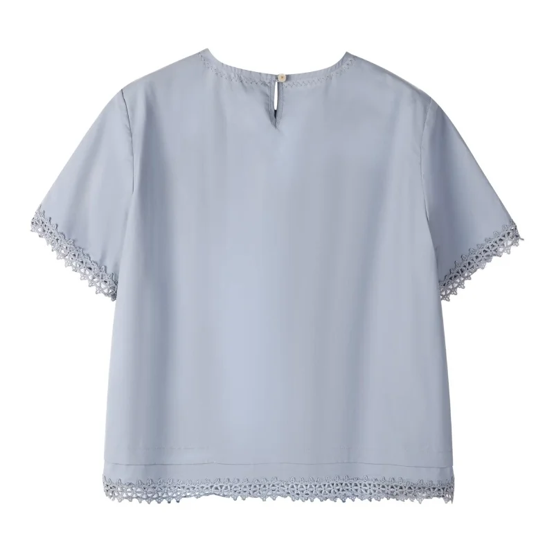 

Футболка Chivirin Simple Artistic Pure Color с ажурной кружевной отделкой, круглым вырезом и коротким рукавом, 100% хлопок, летняя, стандартный крой