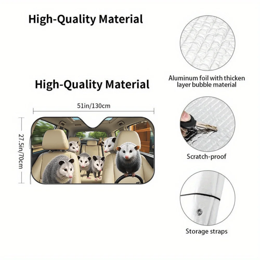 Group Of Opossums In Car | Auto Sunshades, Front Window Sun Cover For Car, Durable Polyamide Visor, Universally Applicable, Car