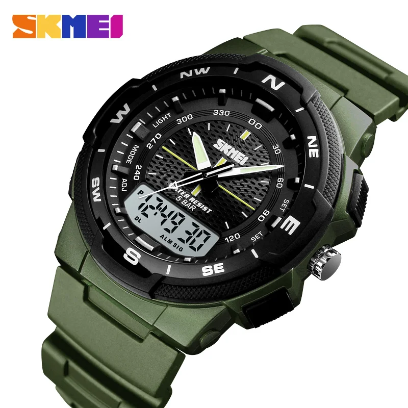 SKMEI Dual Time Back Light Display Sport Watches Men's Stopwatch Date Week 5Bar PU Strap Waterproof Wristwatch Clock Reloj Hombr