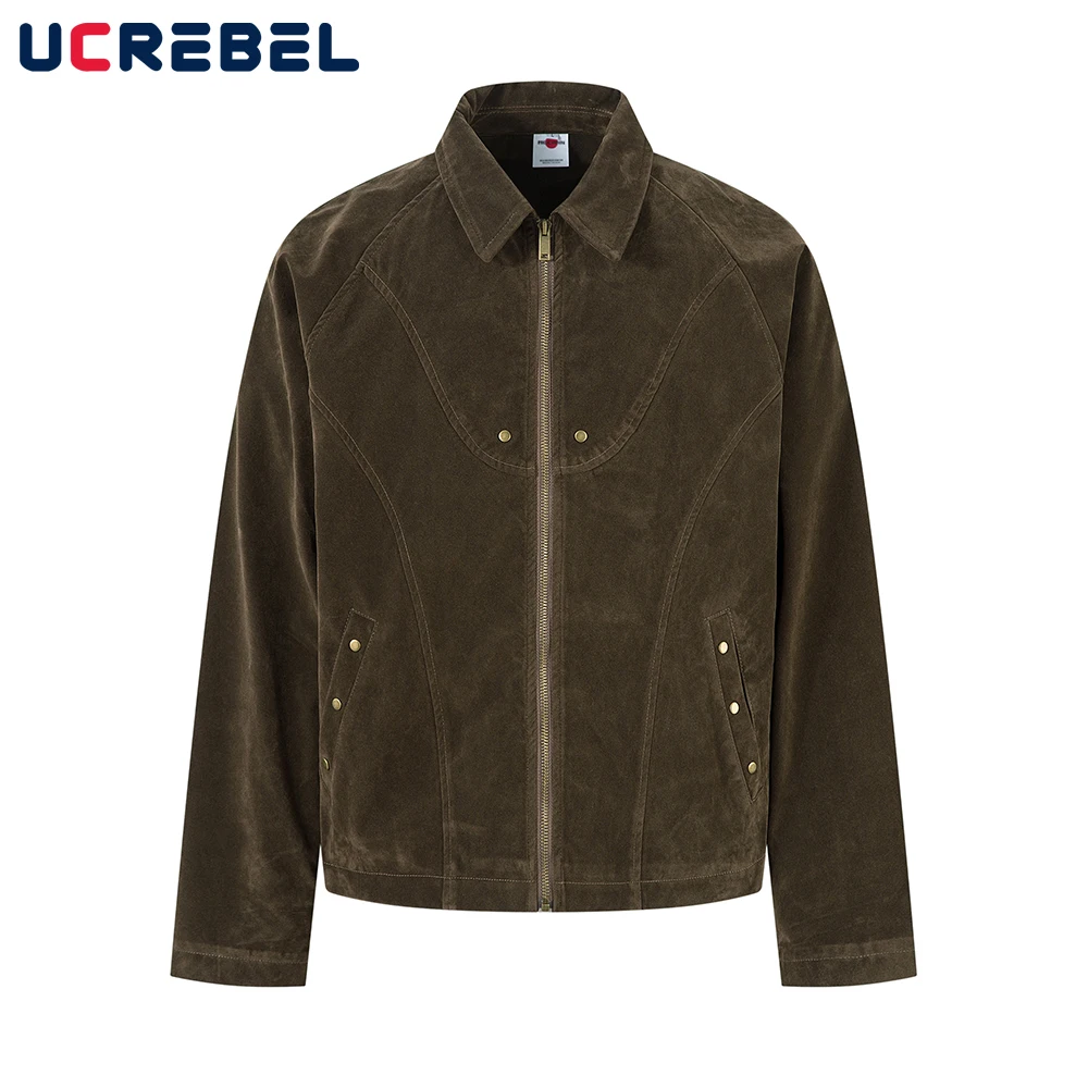 

Retro Suede Lapel Jacket Mens with Rivets Autumn Winter High Street Lapel Long Sleeve Loose Outerwear Man