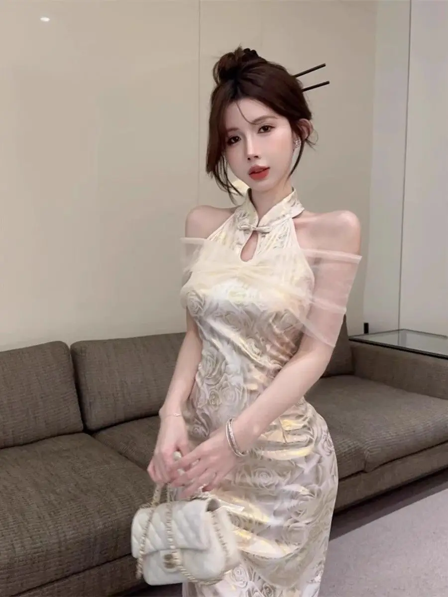 New Chinese Qipao Dress, Off Shoulder Bodycon, Unique Design Slit Midi Cheongsam Women Vintage Chinese Dress